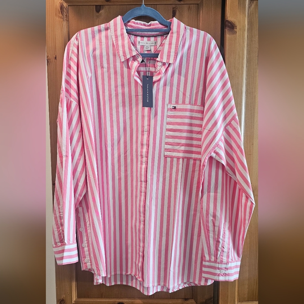 Tommy Hilfiger Womens Pink and White Striped Shirt XXL